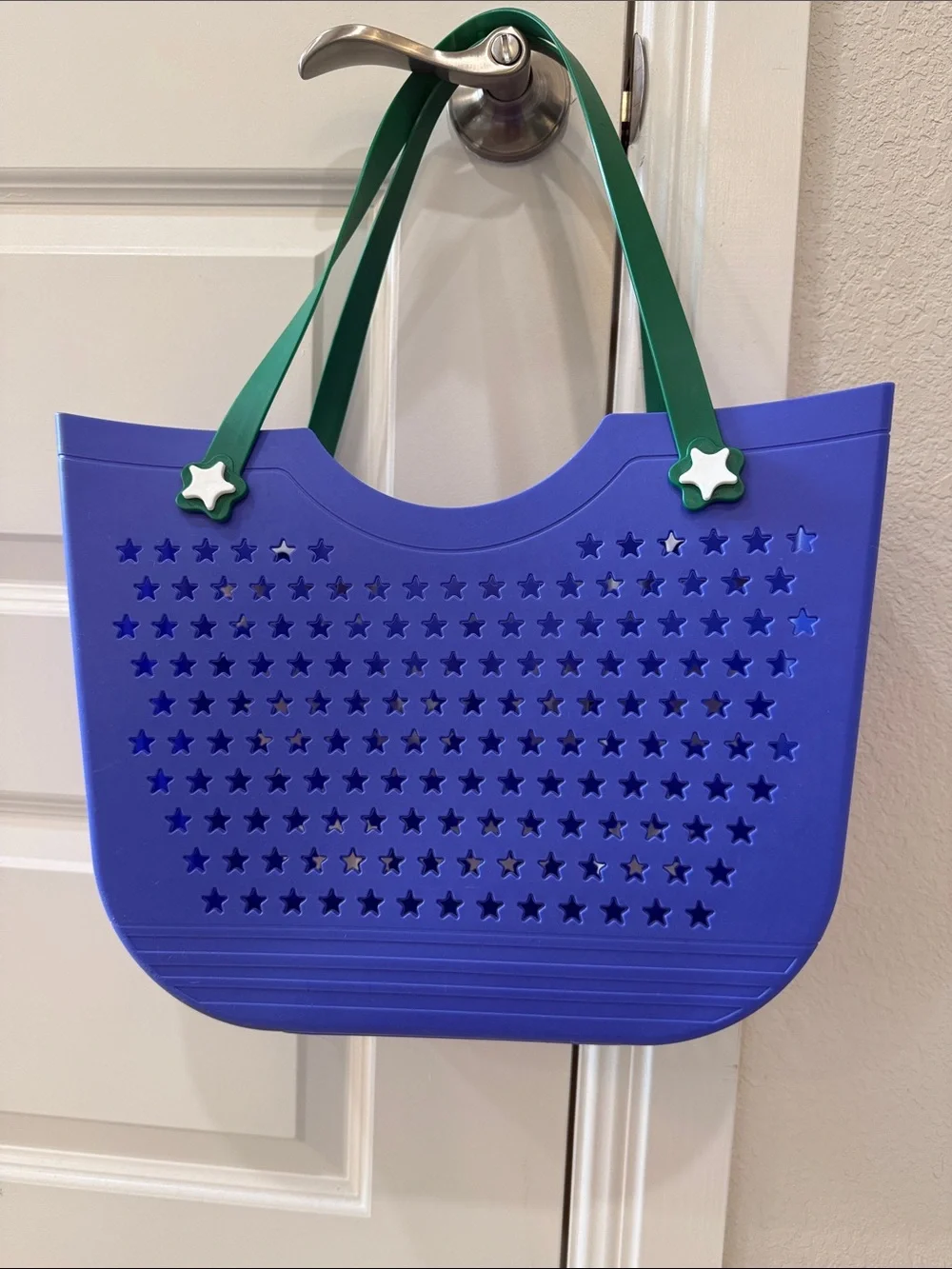 Blue Star-Pattern Tote Bag with Green Straps